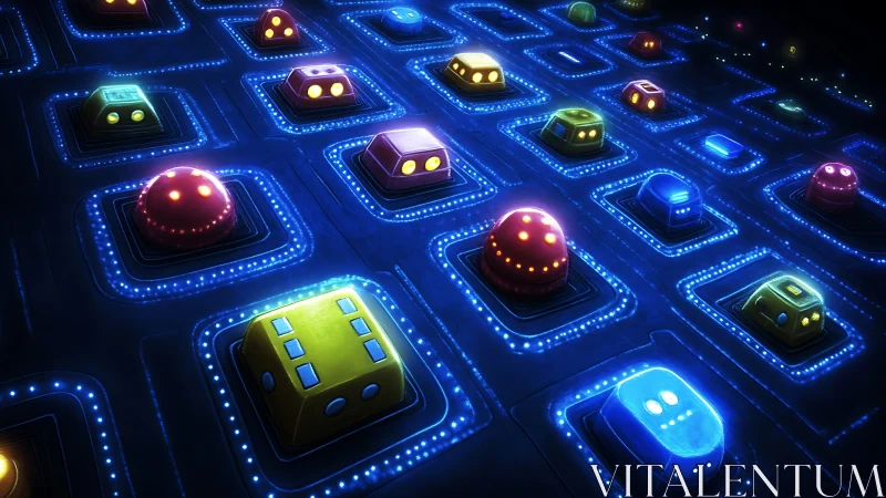 Neon grid of glowing toy bots patrolling a retro circuit board.