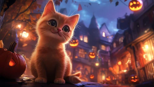Red kitten in Halloween-themed village at dusk.