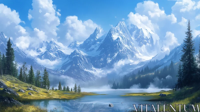 High-altitude alpine lake framed by glaciated peaks and conifer forest