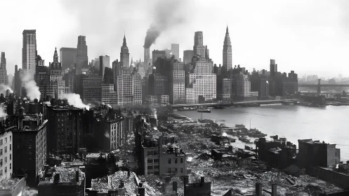 Historic industrial skyline rises over smoky urban waterfront.