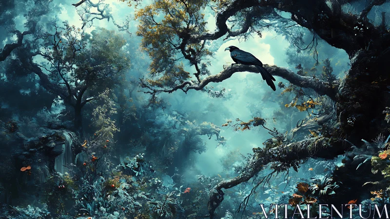 Dimensional fantasy forest ecosystem with volumetric atmospheric rendering and avian subject placeme