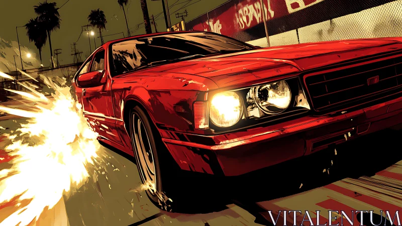 Red muscle car drifts through neon city streets at night.