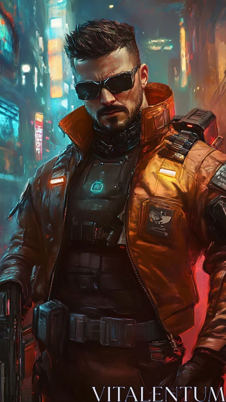 Cyberpunk enforcer stands defiant in neon-soaked night streets
