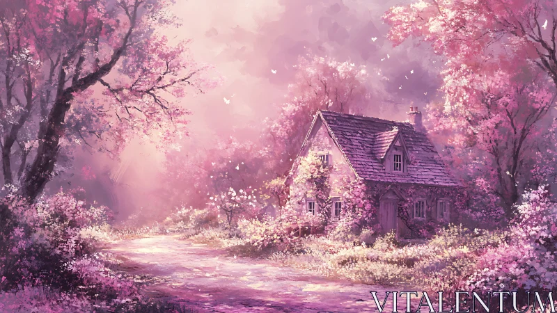 Pink forest cottage under spring blossoms at sunrise.