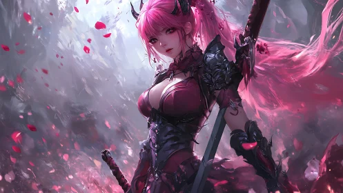 Pink-haired armored swordswoman stands in petal-filled haze