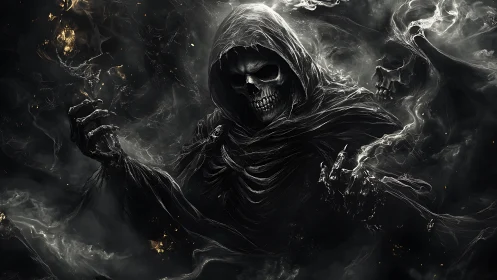 Shadow-wreathed reaper conducts a storm of ghostly embers