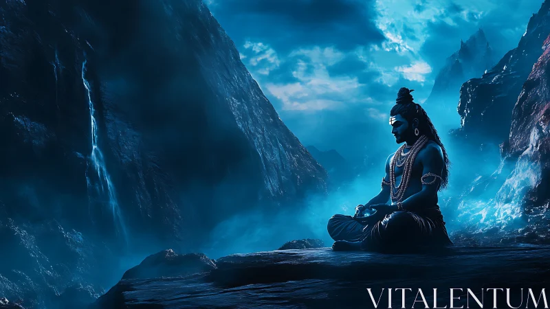 Meditating blue deity silhouette in misty highland gorge