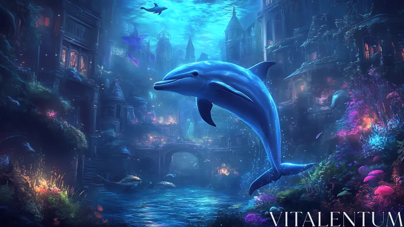 Bioluminescent dolphin glides through ornate submerged cityscape