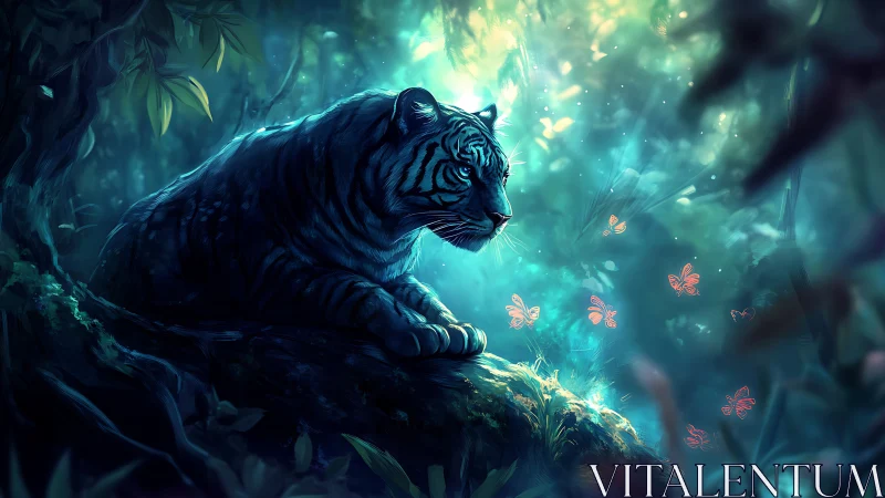Blue tiger resting on forest log amid glowing butterflies.