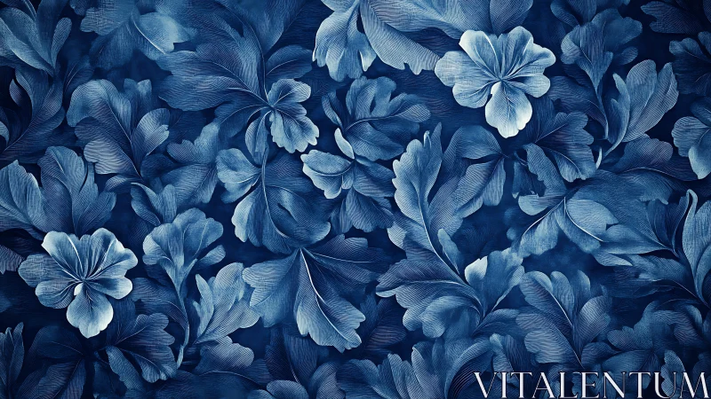 Flowing indigo foliage pattern with etched floral contours.