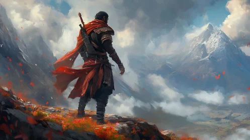 Lone cloaked warrior surveys vast misty mountain valley
