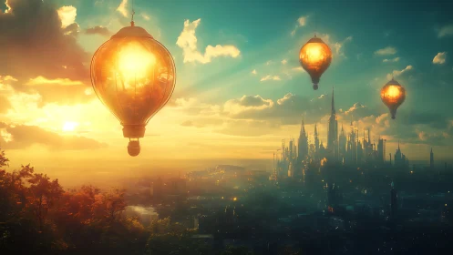 Luminous aerostat flotilla over neo-gothic sunrise megacity.