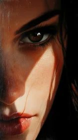 Hyperreal close-cropped portrait under raking shadow light.