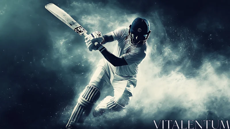 Dynamic cricket batsman mid-swing in dramatic backlit haze