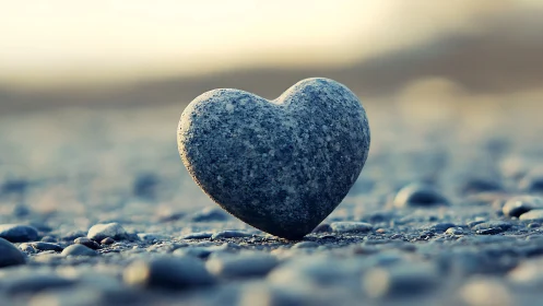 Heart-shaped stone on pebbled beach at golden hour
