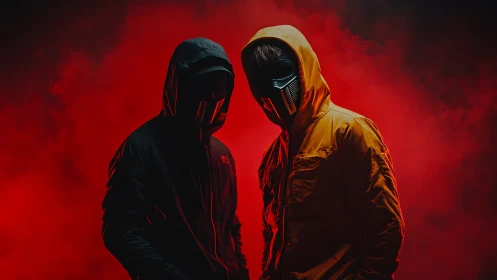 Hooded figures in masks against dense red smoke backdrop.