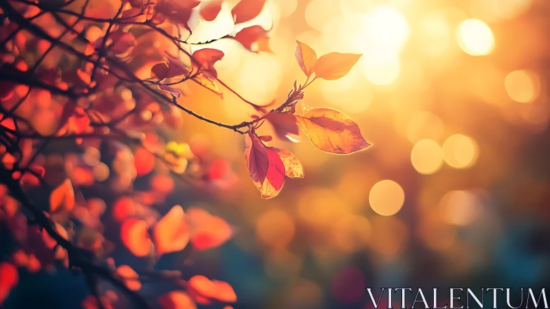 Backlit autumn leaves with warm circular bokeh background.