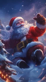 Joyful Santa playing in sparkling Christmas snowdrifts.