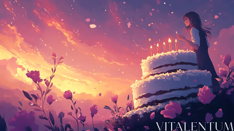 Ethereal Sunset Celebration: Silhouetted Figure with Illuminated Tiered Cake.