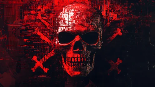 Red digital skull and crossbones on distressed dark field.