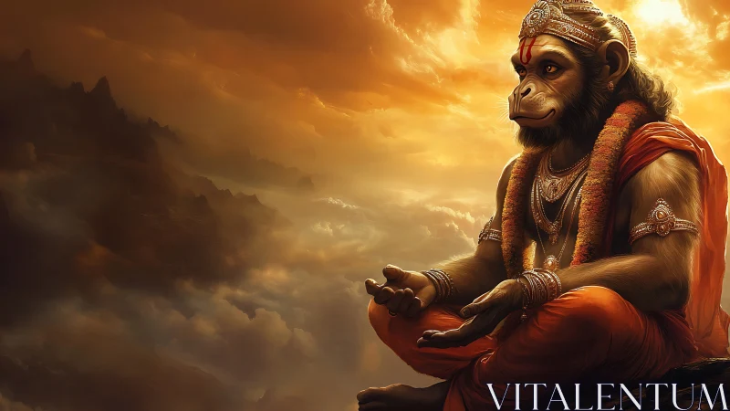 Serene humanoid monkey figure meditating above clouds.