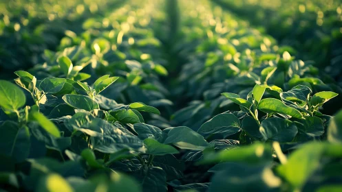 Close view of green crop field under low angled sunlight.