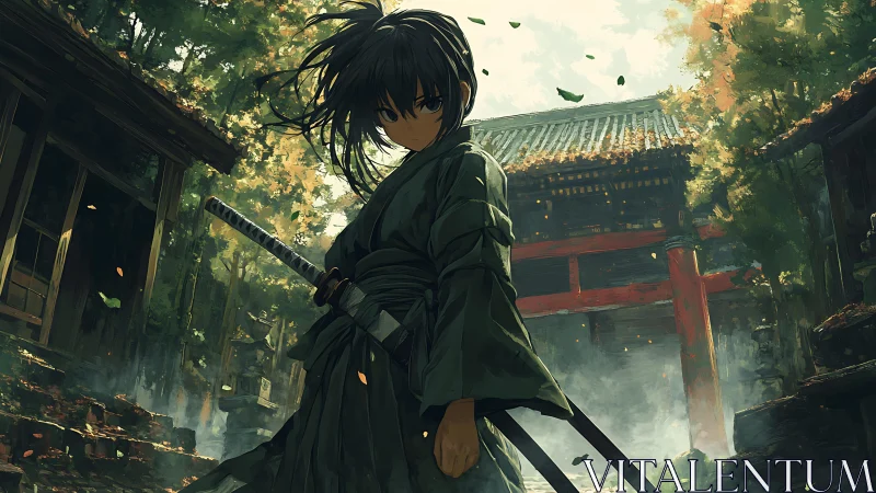 Solitary swordsman in overgrown shrine courtyard setting.