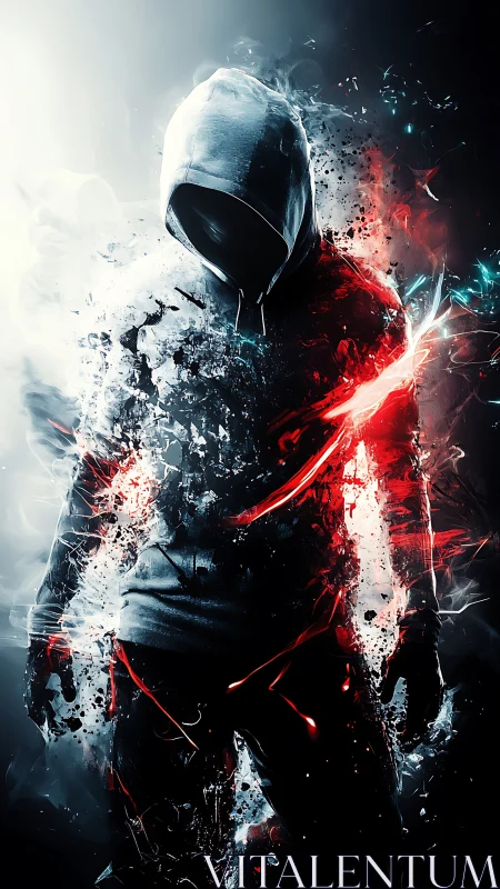 Hooded cyber figure dissolves in red and white energy storm.