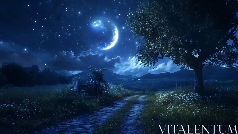 Moonlit country path under star-filled deep blue night sky.