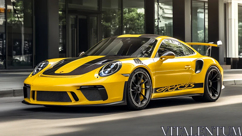 Yellow street rocket pauses mid-pounce beside glass towers