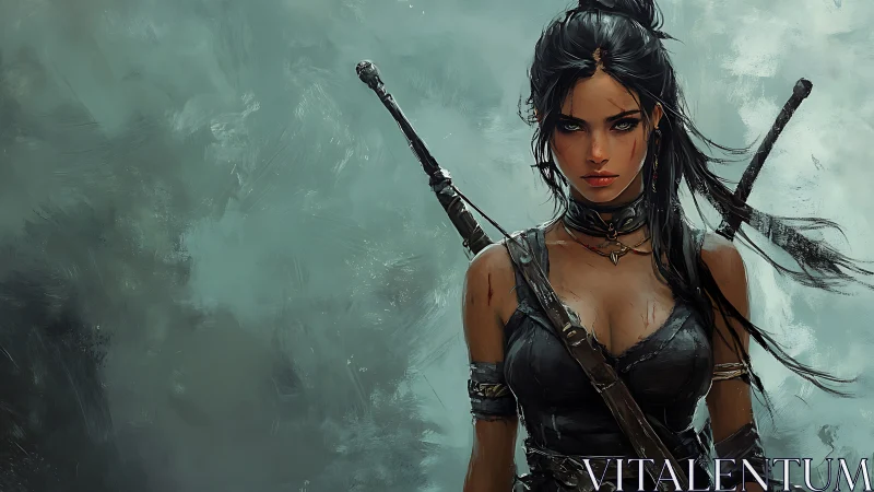Warrior huntress with twin swords in misty battle haze.