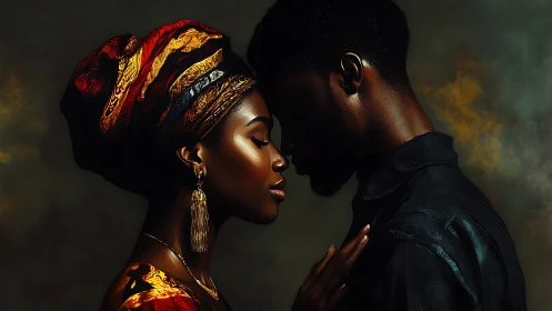 Profile Portrait of Two Figures with Gold Lighting