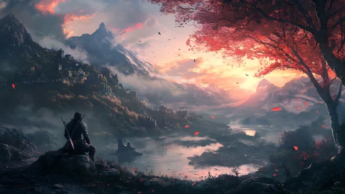 Solitary warrior overlooking misty citadel at ember dusk.