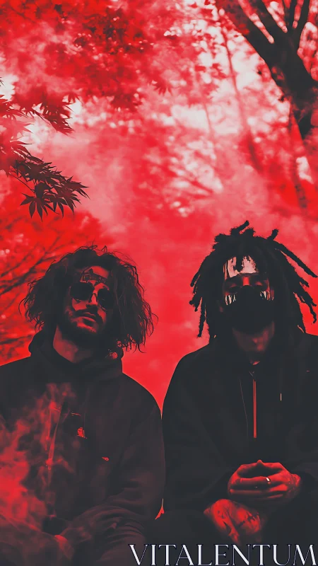 Masked duo in red forest haze with stylized dark clothing.