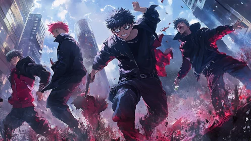 Urban anime fighters charge through erupting crimson energy.
