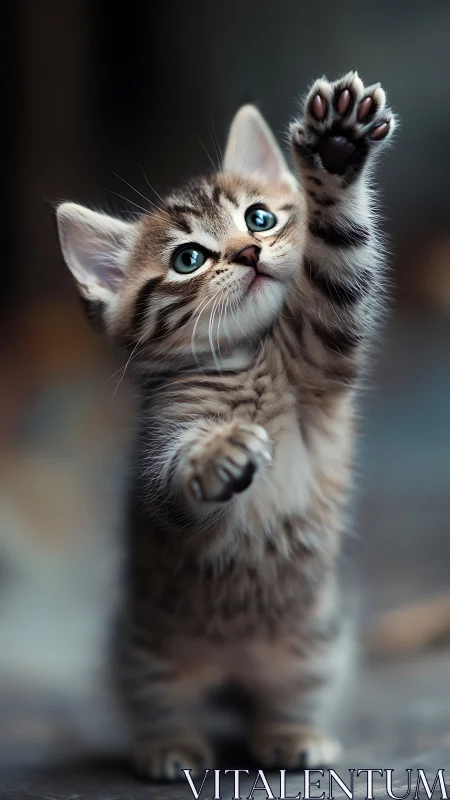 Tabby Kitten Raising Paw High With Wide Eyes.