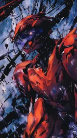 Fragmented red mech pauses mid-battle in a frozen sky