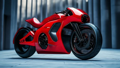 Futuristic red sport motorcycle in minimal urban setting.