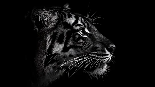 Black and white tiger profile on dark background.