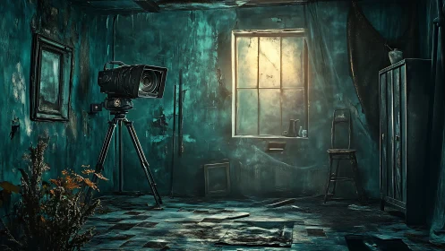 Forgotten film camera patiently watches the dusty teal room