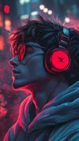 Neon night listener in crimson headphones and city haze.