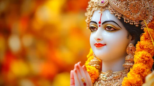 Hindu goddess statue with marigolds on golden bokeh background.