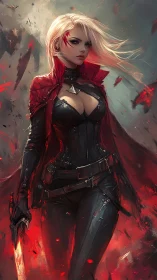 Scarlet-cloaked huntress amid burning ember storm.