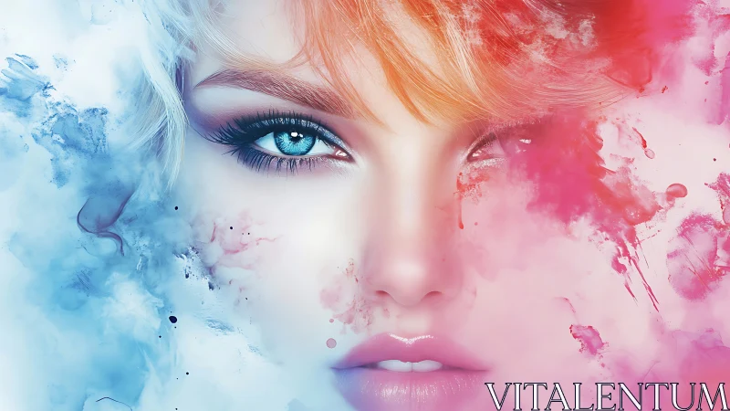 Dreamy blue eyes glow between swirling pink and icy clouds