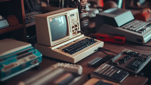 Retro computer workstation amid vintage electronics collection.