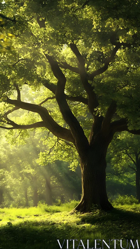 Single deciduous tree stands in backlit forest clearing scene
