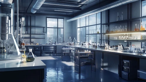 High-tech chemistry laboratory with panoramic city glazing.