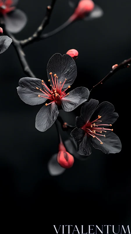 Dark Blossoms with Red Stamens Against Black Background.