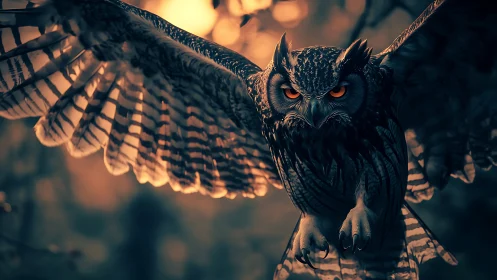 Nocturnal owl in mid-flight under cinematic warm backlight.