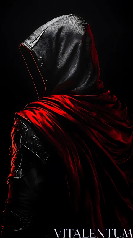 Hooded armored figure in red cloak is rendered in profile